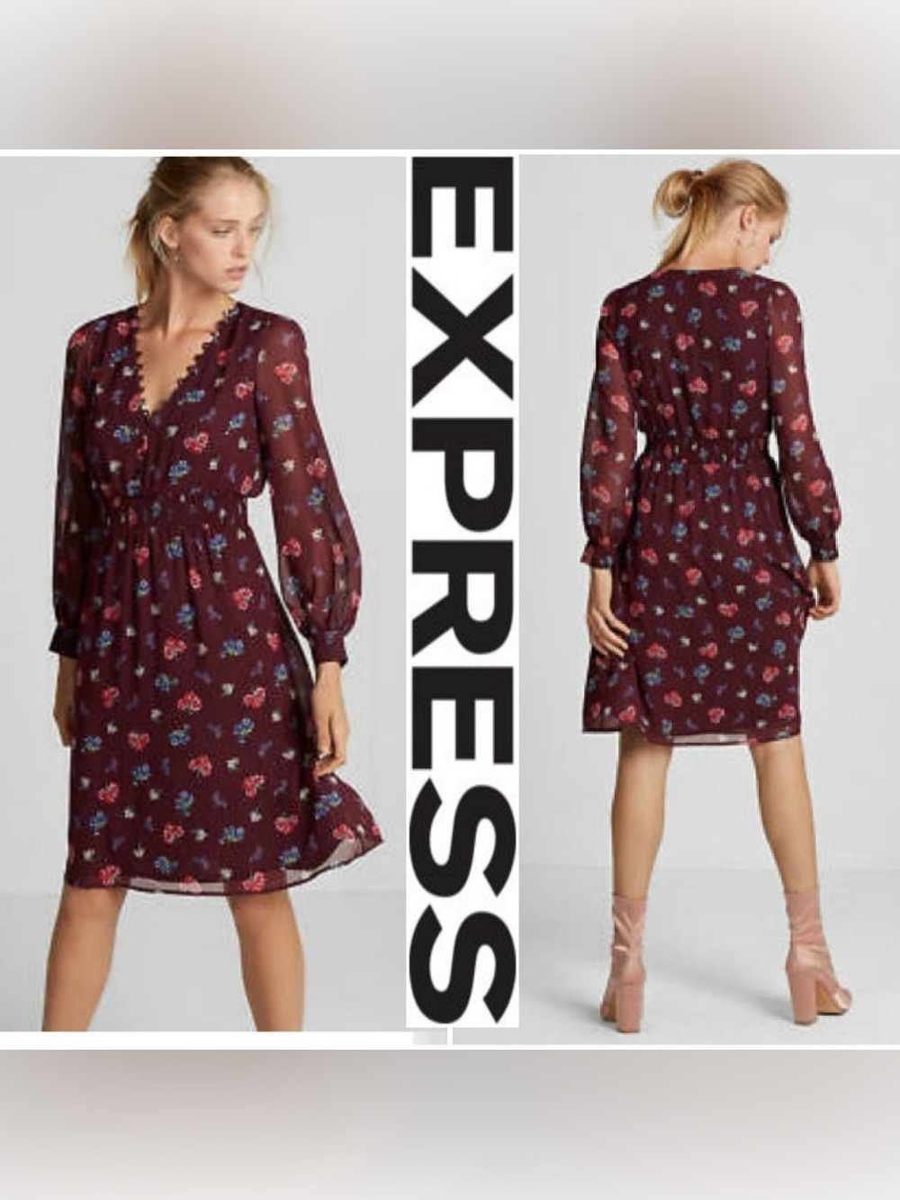 Express Floral Chiffon Button Detail Smocked Waist Lined Boho Cottage Dress S